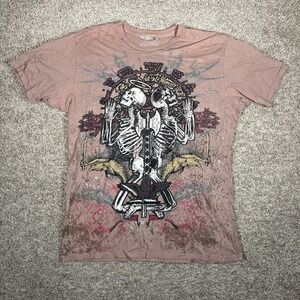 Graphic Skeleton Axe Angel Wings T Shirt Mens Size XL Pink Dusty Grunge